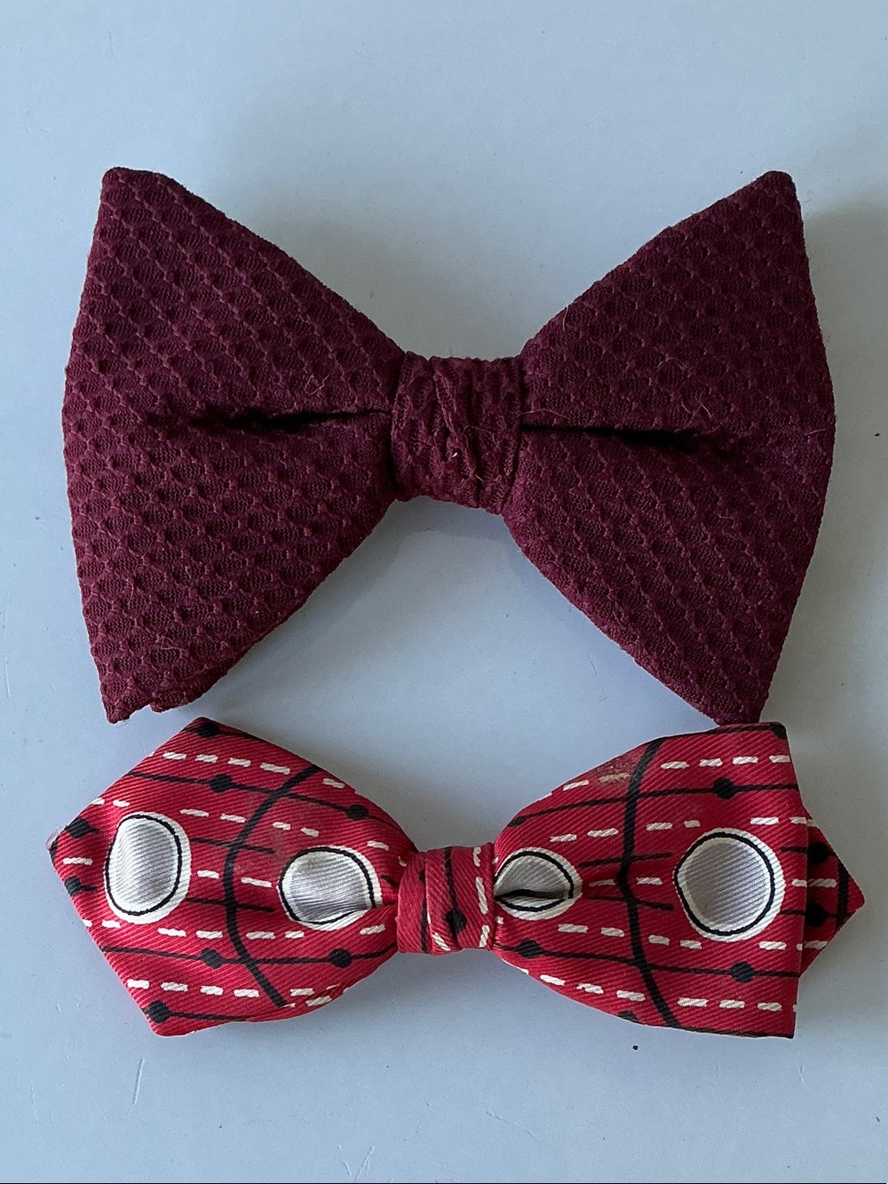 2 Vintage Burgundy and Red/Gray print Bow Ties. Clip on